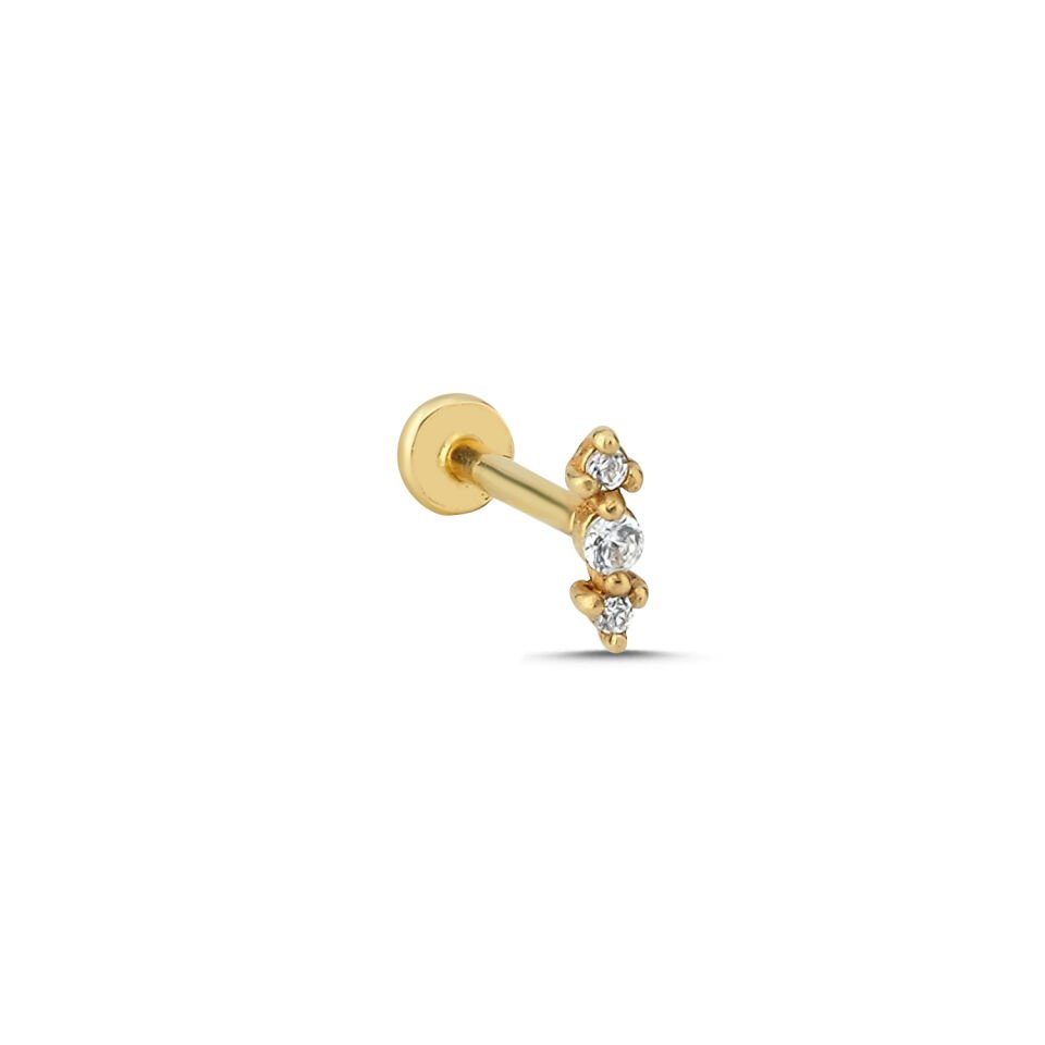 3 Taşlı Tragus Altın Piercing