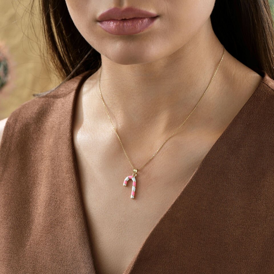 Pembe Baston Şeker Kolye