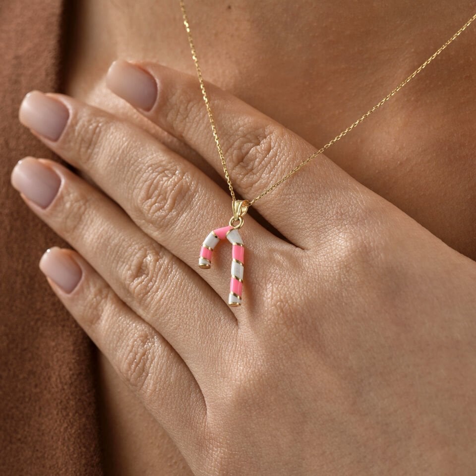 Pembe Baston Şeker Kolye