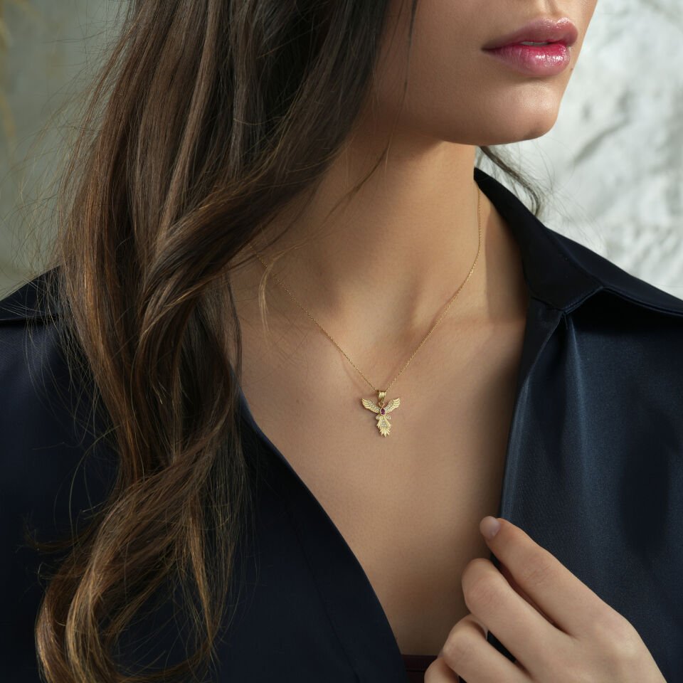 Kırmızı Taşlı Anka Kuşu Kolye