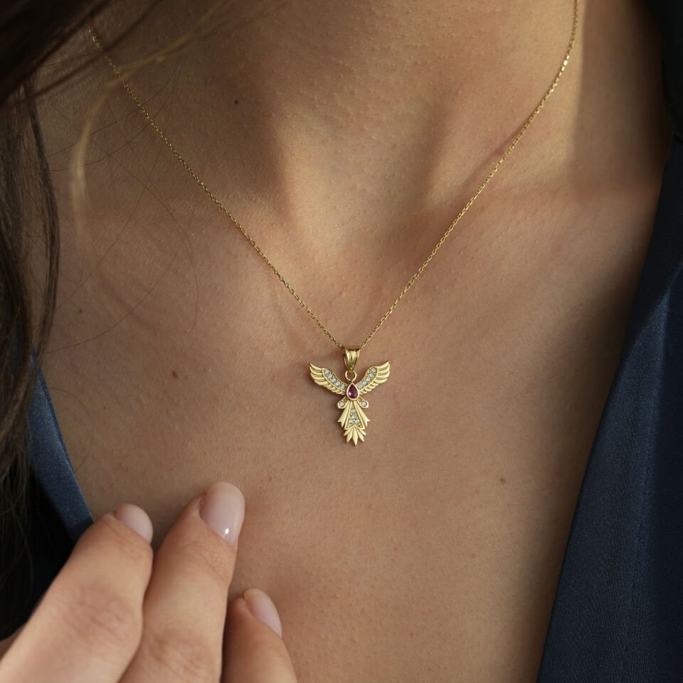 Kırmızı Taşlı Anka Kuşu Kolye